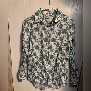 Cynthia Rowley White Linen Top with Teal Floral Print